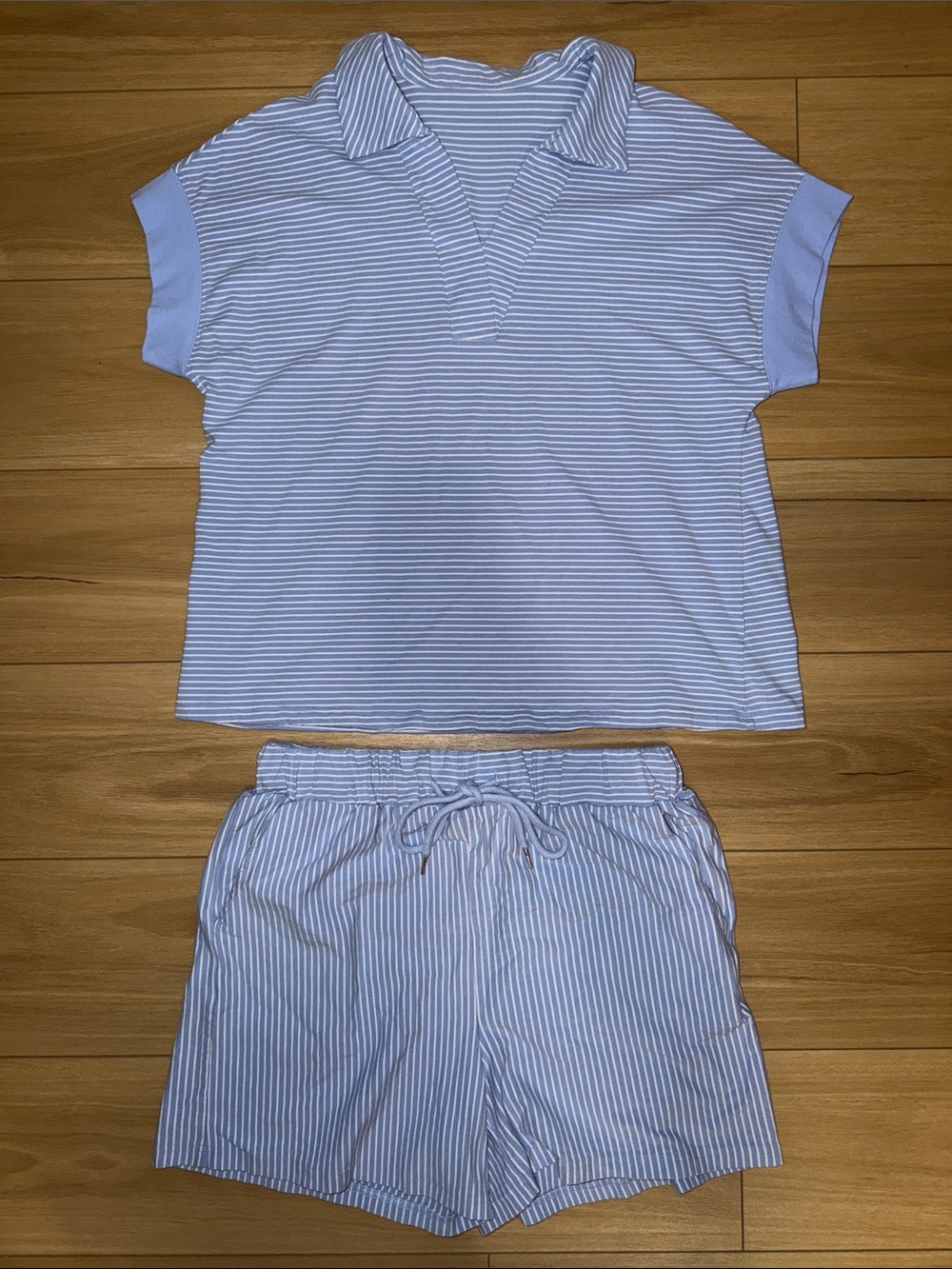 Women’s Light Blue Striped Set - Short Sleeve Top & Shorts